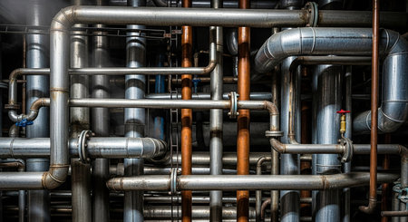 Pipes and tubes of a modern water treatment plant. Industrial background.の素材