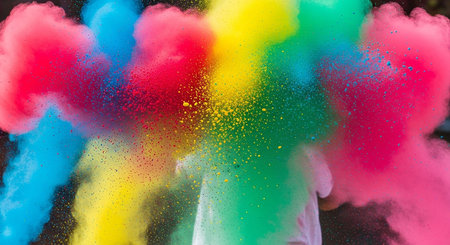 Colored powder explosion on black background. Colored cloud. Colorful dust explode. Paint Holi.の素材