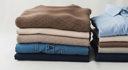 Stack of clothes on white background, close-up, selective focusの素材