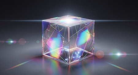 Abstract 3d rendering of crystal cube with glowing light rays on dark background.の素材