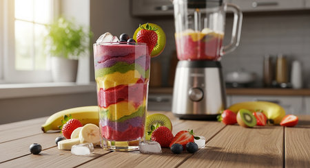 Glass with tasty fruit smoothie on table in kitchen, closeupの素材