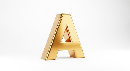 3D Letter A uppercase on white background. Rendered glossy gold font.の素材