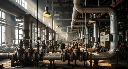 Industrial zone, Steel pipelines, valves and cables in a factoryの素材