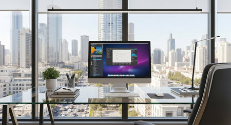 Modern workplace with computer on table and city view, 3D renderingの素材