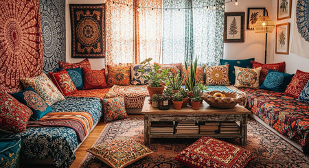 Interior of a cozy living room with a sofa and pillowsの素材