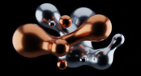 Abstract 3d rendering of metal spheres in liquid form on black background.の素材