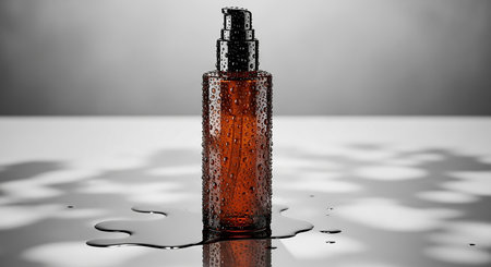 Cosmetic bottle on a dark background with water drops. 3d renderingの素材