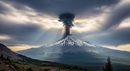 Volcanic eruption with smoke rising from Mount Rainier, Washington.の素材