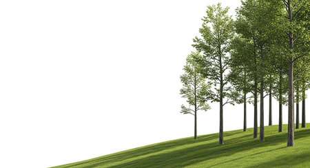 Row of trees with green grass isolated on white background. 3d illustrationの素材