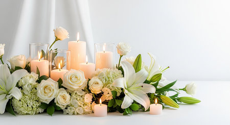 Candles and flowers in the interior of the room on a white backgroundの素材