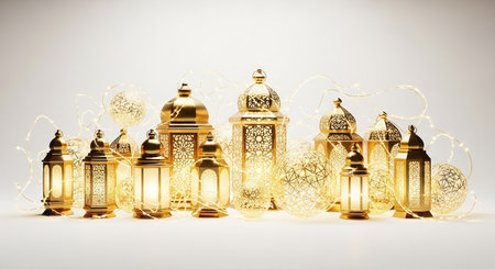 Lanterns with christmas ornaments on white backgroundの素材