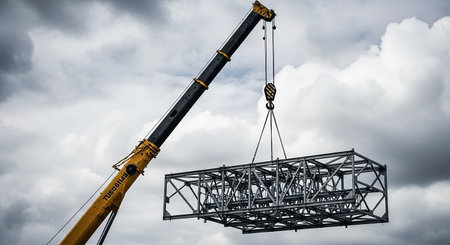 Crane lifting a steel structure on a construction site against cloudy skyの素材