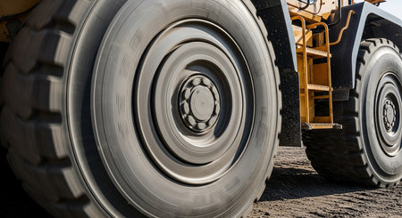 Close-up of the wheel of an excavator on the roadの素材
