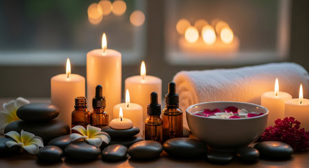 Spa still life with candles and flowers on wooden table, closeupの素材