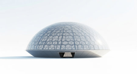 3D render of a futuristic building isolated on a white background.の素材
