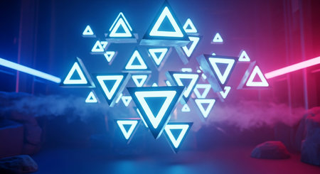 Digital blue glowing triangle interface on dark background. 3D Renderingの素材