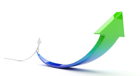 3d render of green and blue arrows pointing up on white backgroundの素材