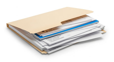 Stack of file folders isolated on white background, clipping path included.の素材