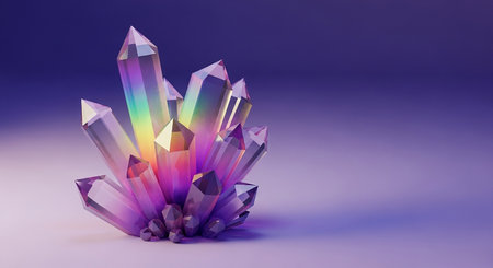 Gemstone crystal on purple background. 3d render illustration.の素材