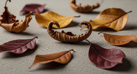 Dried leaves on grey background. Autumn still life. Selective focus.の素材