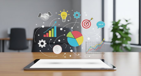 Tablet with business icons on the screen. Business strategy concept.の素材