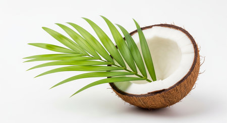 Coconut with palm leaf isolated on white background, clipping pathの素材
