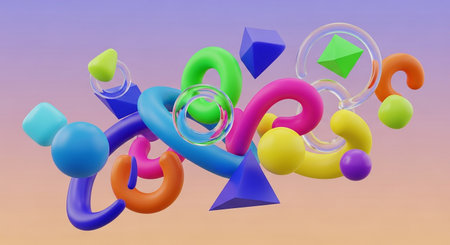 3d rendering of abstract geometric shapes in pink and blue colors.の素材