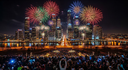 Unidentified people watching the fireworks display in Shanghai, China.の素材