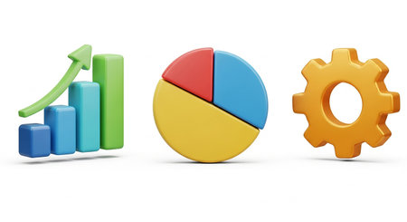 3d pie chart and gears on a white background. Isolatedの素材
