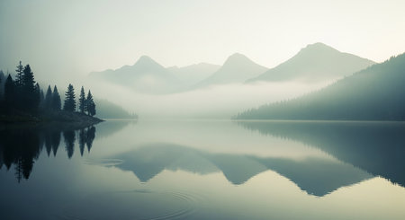 Mountain lake in the morning mist. Canadian Rockies, Alberta, Canadaの素材