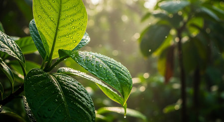 Green leaf with drop of water in morning sunlight. Natural background.の素材