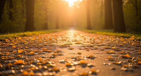 Autumn road with fallen leaves in the city park at sunset.の素材