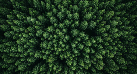 Aerial view of green pine tree forest. Top view from droneの素材