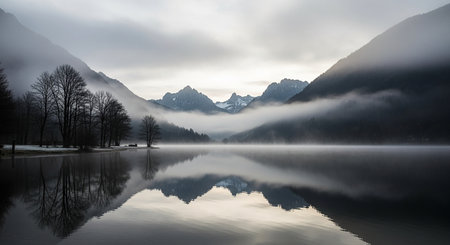 Misty morning on the lake with reflection of mountains in the waterの素材