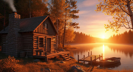 Wooden house on the lake at sunrise. 3D illustration.の素材