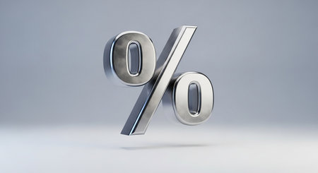 Volumetric glossy metal percent symbol isolated on white background. 3D rendered digital sign.の素材
