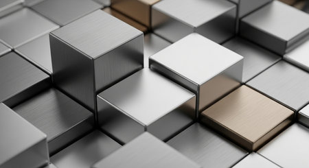3d rendering of abstract metallic cubes background in black and white colorsの素材