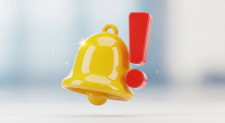 Bell with exclamation mark, 3d render, 3d illustrationの素材