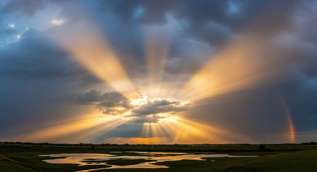 Rainbow over the meadow at sunset. Landscape of nature.の素材