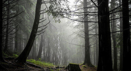 Mysterious evergreen forest in a foggy, misty morning.の素材