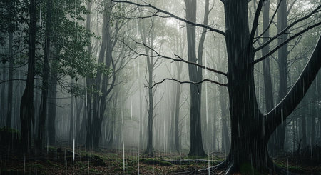Foggy forest with raindrops on the ground and tall treesの素材