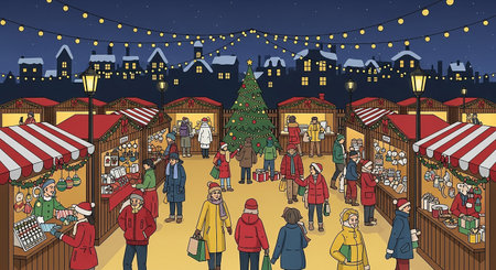 Illustration of people walking in the Christmas market at night, vectorの素材
