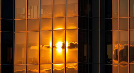 Reflection of the sun in the windows of a modern office buildingの素材