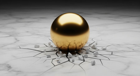 Gold ball on cracked white marble background. 3D render illustration.の素材