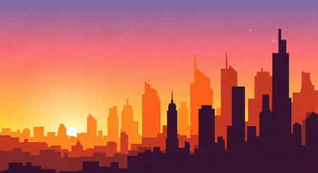 City skyline at sunset. Vector illustration of cityscape with skyscrapers.の素材