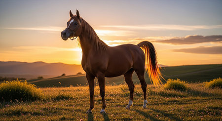 Beautiful Horse in the field at sunset, equestrian sportの素材