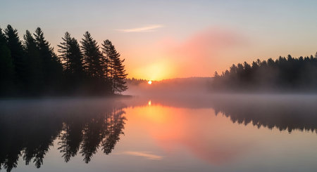 Morning fog on the lake in the forest. Beautiful summer landscape.の素材