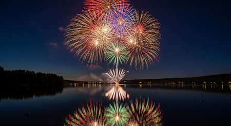 Colorful fireworks of various colors over lake at night with reflection in waterの素材