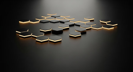 3d rendering of golden hexagons in black studio background with spotlightの素材