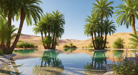 3D rendering of a desert landscape with palm trees and swimming poolの素材